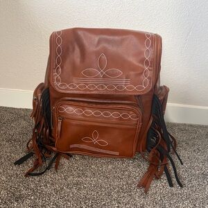 Brown Leather Backpack with Embroidered Design